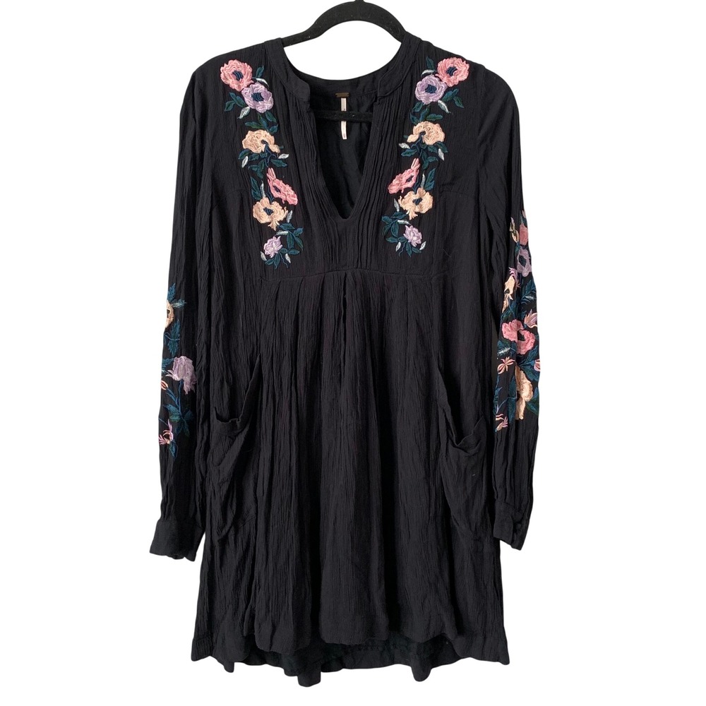 Free People Embroidered Tunic Dress XS Black Boho Floral Gauze Mini Pocket